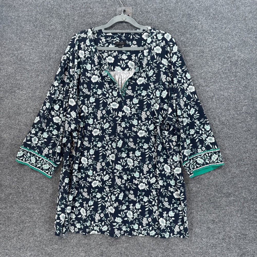 J.Jill Tunic Blouse Women 3X Blue Floral Split Neck 3/4 Sleeve Plus Size Shirt